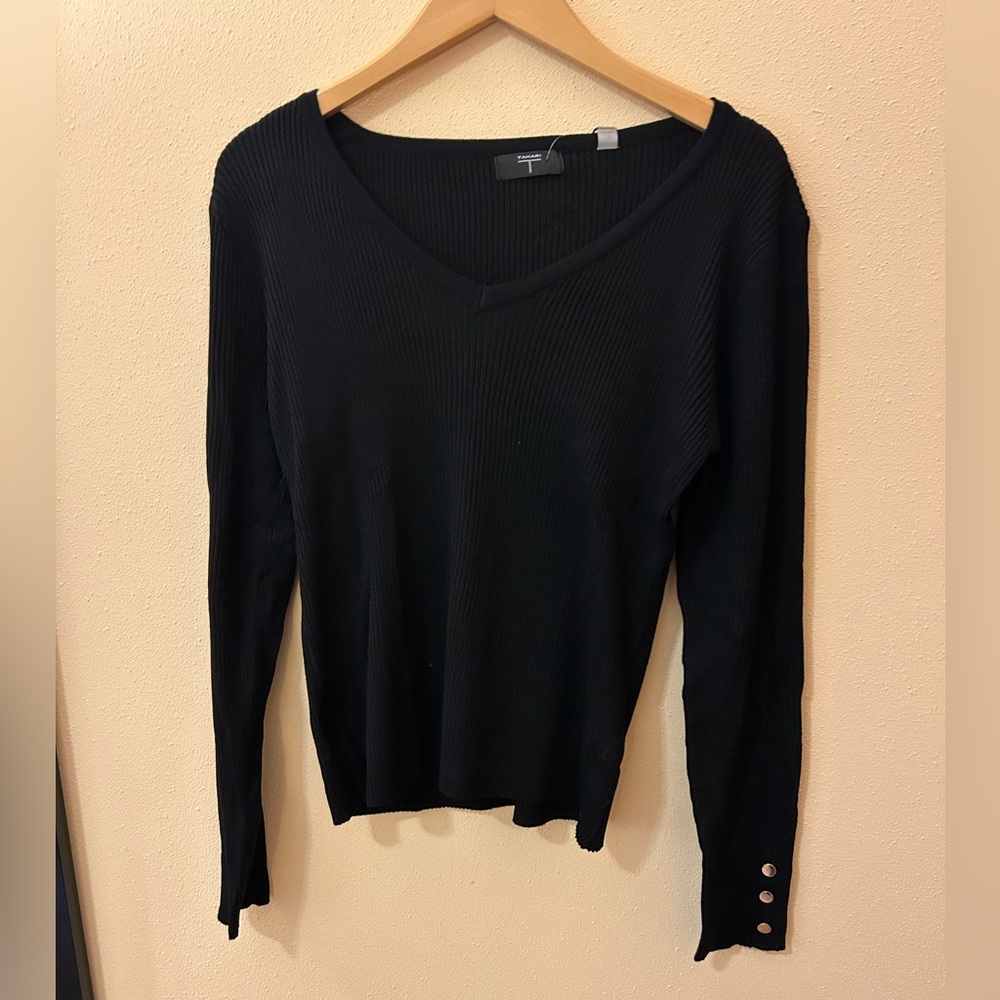 TAHARI Sweater V-Neck - Long Sleeves with 3 Gold Buttons - Black  - Size Large